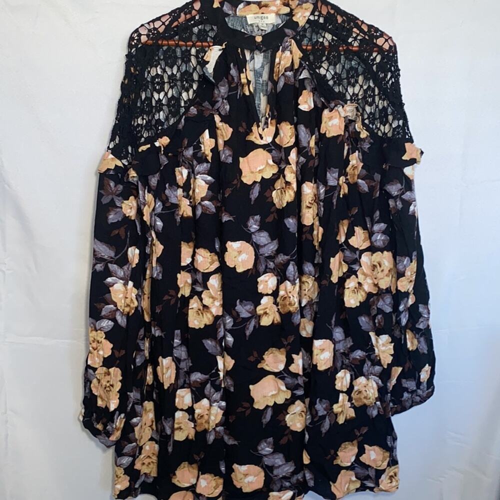 Umgee dark floral fairy whimsical babydoll dress with puff long sleeves medium